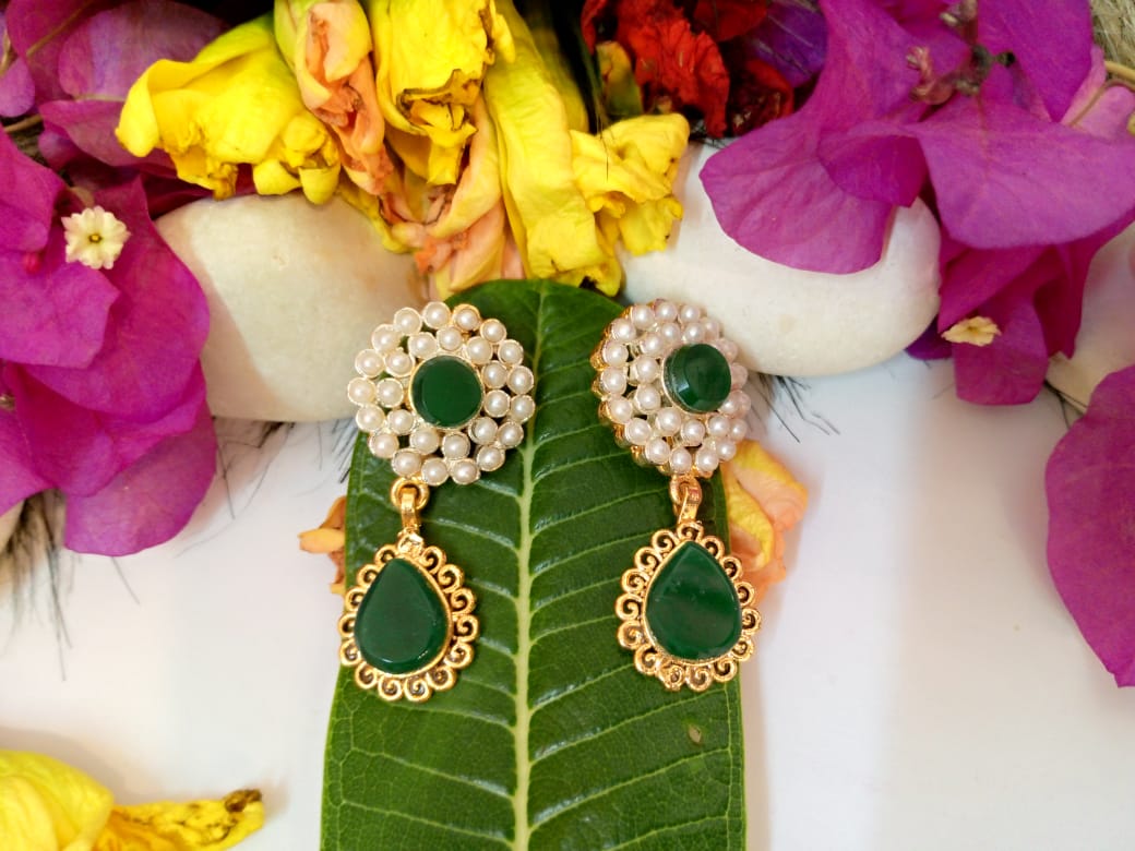 Pearl-Adorned Leaf Earrings